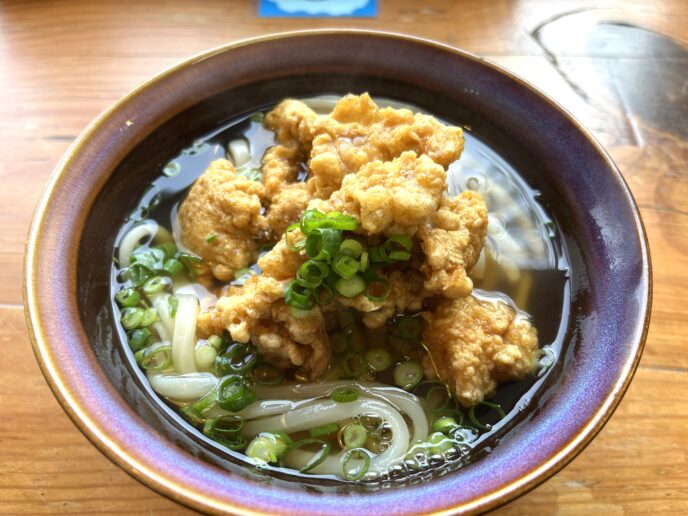 別府名物「明礬うどん」のとり天うどん