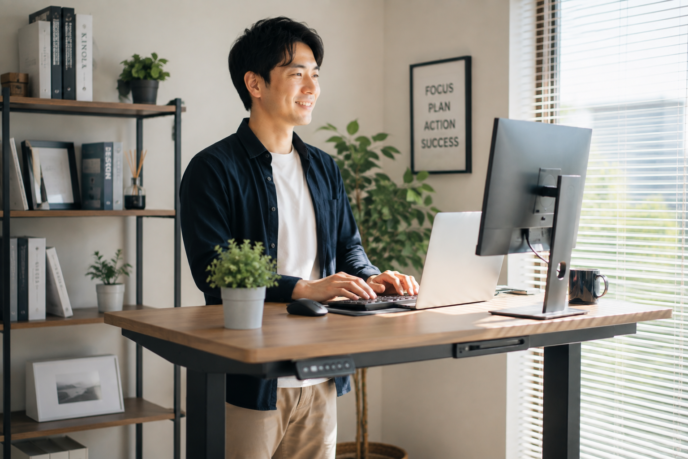 スタンディングデスクで仕事をする人