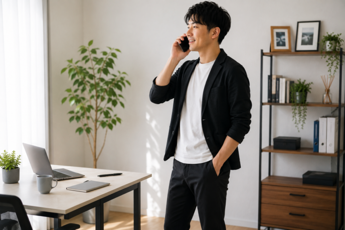 在宅ワークで立って電話をする人